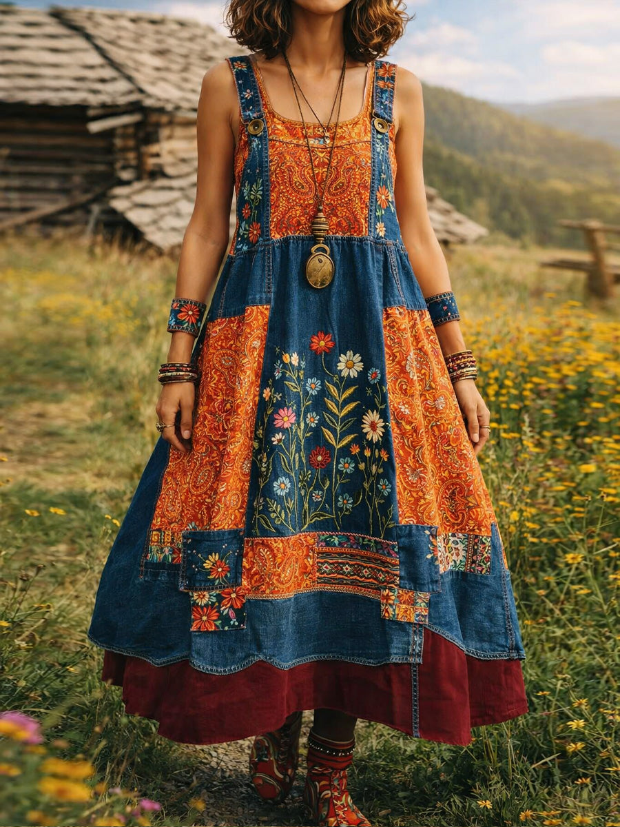Women's Retro Floral Color-Blocked Art Print Washed Denim Workwear Shoulder Strap Dress